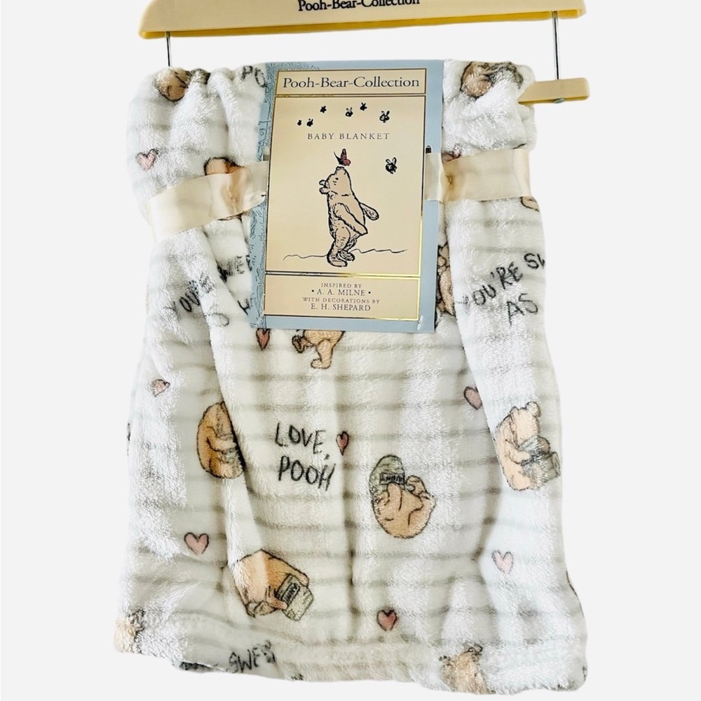 Pooh Bear Collection White Striped Love Pooh Baby Blanket 30x40”